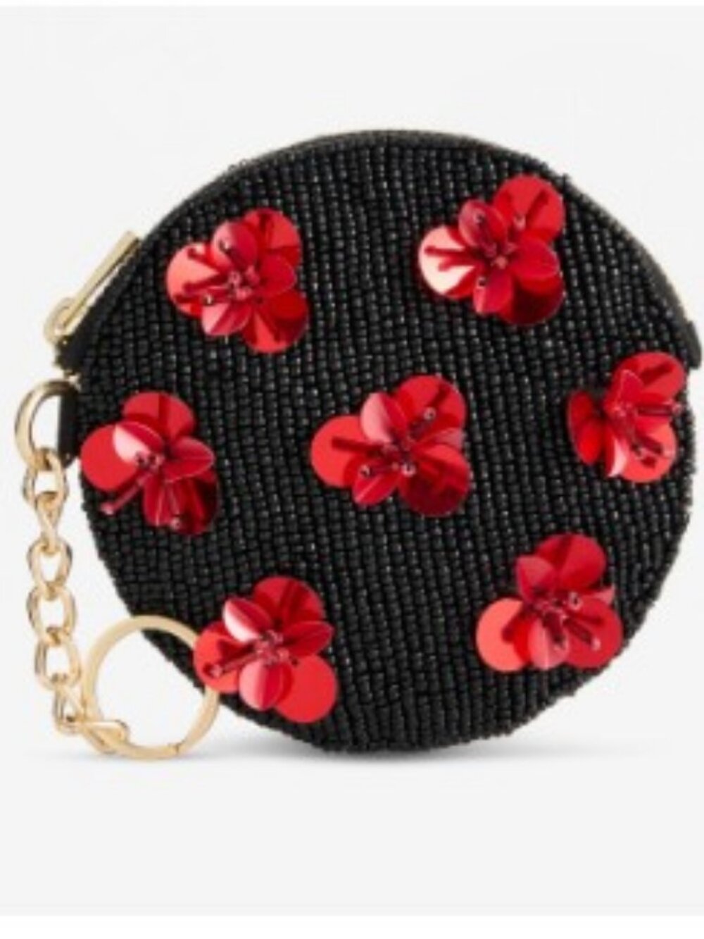 On 34th beaded round coin purse pouch for women girls -Black with red 3D flowers